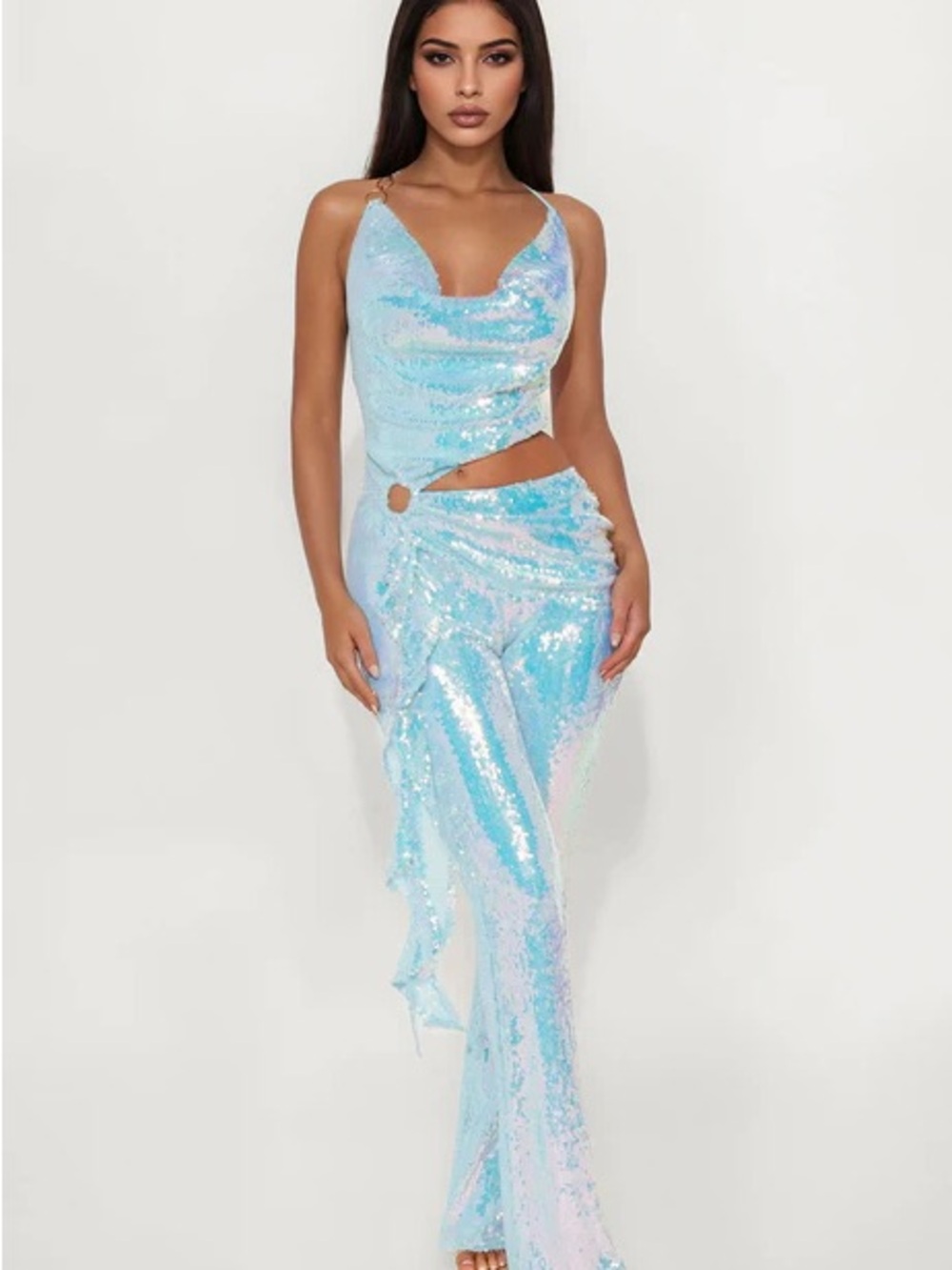 Fashion Nova Light Blue Iridescent Sequin Cutout Halter Jumpsuit